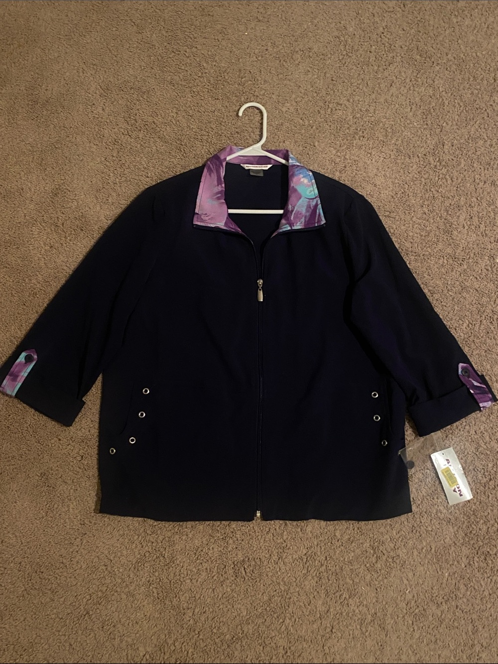 Allison Daley Navy Zip Jacket with Purple Print Trim